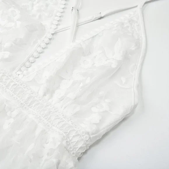 White Floral Lace Backless Crochet Mini Dress V-Neck Summer Sundress - Picture 5 of 6